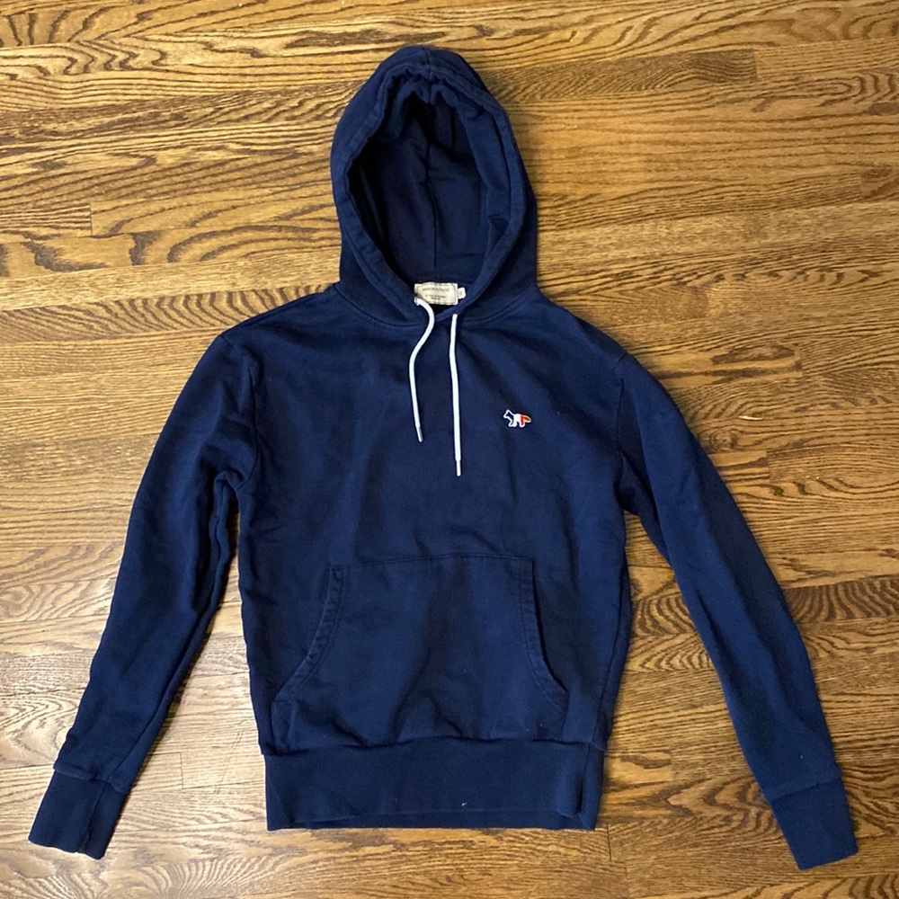 Maison Kitsune Navy Blue Pullover Hoodie Tri-Color Fox Men’s Size XS